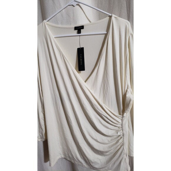 Talbots Women's XL Cream White Faux Wrap Ruched Front Stretchy Elevated Basic - Picture 2 of 8